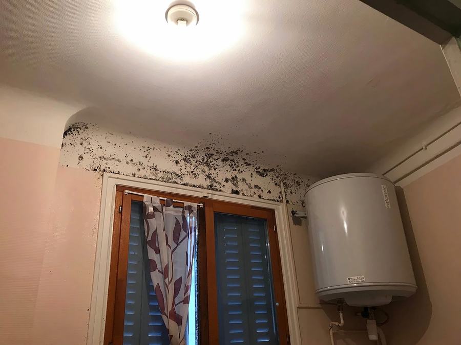 Pièce avec traces de moisissures noires au plafond et en haut du mur près d'une fenêtre et d'un chauffe-eau.